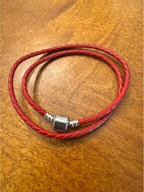 Red Braided Leather Wrap Bracelet with Silver Clasp 482